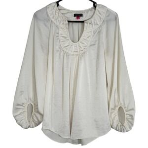Vince Camuto‎ Ivory Satin Bishop Sleeve Notch Neck Coastal Peasant Blouse Size S